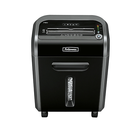Black paper shredder with control panel, paper output and transparent container containing crumpled paper.