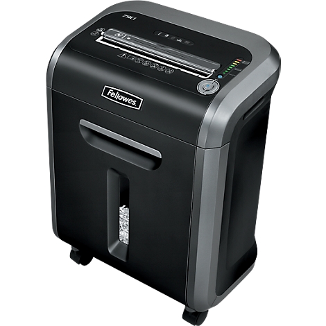 Black paper shredder with silver accents. Fellowes brand, paper shreds visible in the window. On wheels.