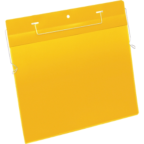 Yellow, transparent document pocket with hanging device.