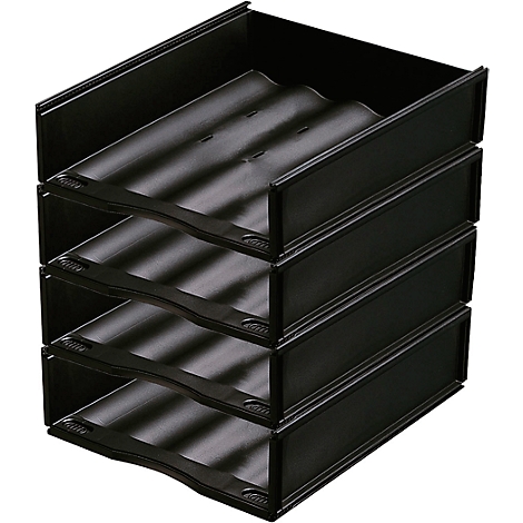 Black, stacked file rack with four compartments. Each compartment is corrugated and has a narrow, raised edge.