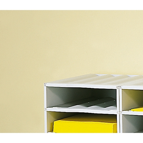 White open shelf on a light yellow background. There is a gray folder and a yellow folder in the compartments.