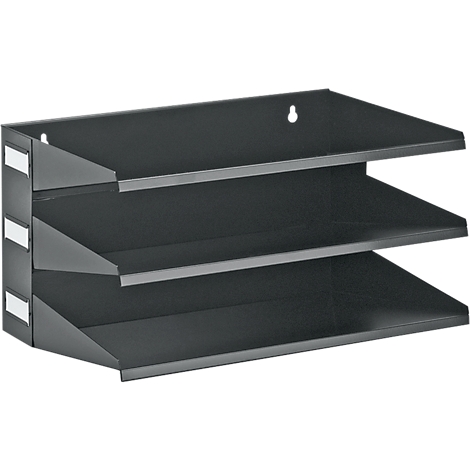 Black wall-mounted shelf with three compartments. White label holders are attached to the left side.