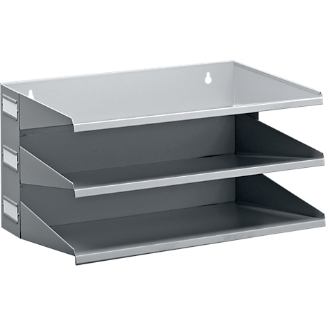 Gray metal document holder with three levels, for wall mounting.