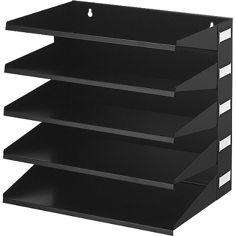 Black wall-mounted organizer with five compartments. White labels on the side.