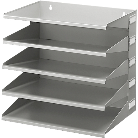 Grey wall-mounted letter tray with five compartments, labels, and hanging fixtures.