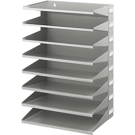 Gray wall shelf with multiple compartments. Small white labels are attached to the side.