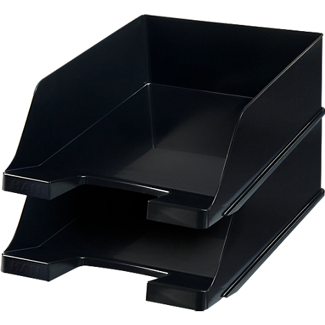Two black paper trays stacked on top of each other. They are suitable for filing paper.