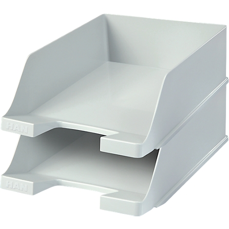 Light gray plastic paper tray, two compartments on top of each other, with the inscription HAN.