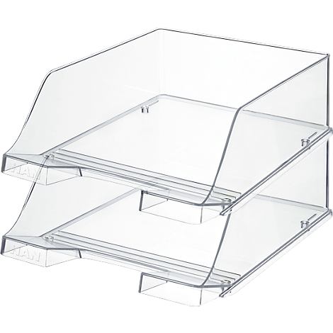 Transparent, stackable desk letter tray with two compartments. Text: HAN.