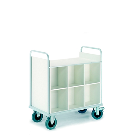 White cart with six compartments, attached to a metal structure, standing against a white background.