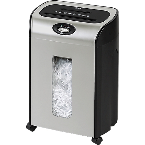 Metalen papierversnipperaar met zwart plastic. Versnipperd papier in kijkvenster. Op wielen.