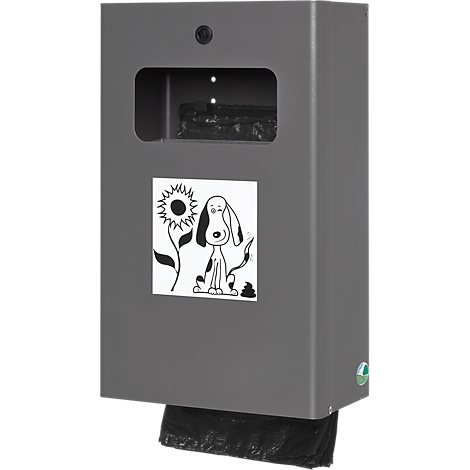 Gray dog waste bag dispenser with a sticker of a cartoon dog and sunflower. Bags are taken from below.