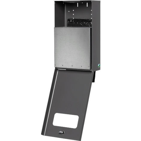 Grey metal box, open door, rectangular cutout, hinge.