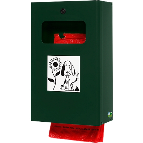 Green dog waste bag dispenser with red bag roll. Sticker with dog and flower.
