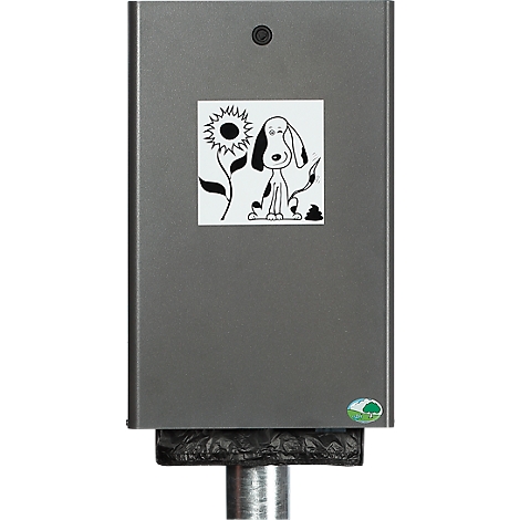 Gray dog waste bag dispenser. Sticker with a dog and a sunflower. Black bags below. Button on top.