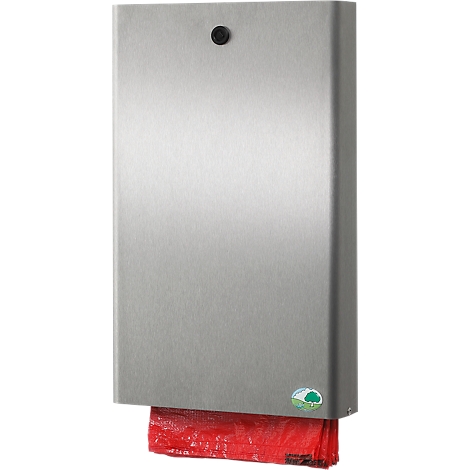 Grey, metallic waste bin. Red plastic bags are hanging out at the bottom. There's a black button at the top.