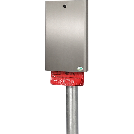 A metal dog waste bag container with a red bag. It is attached to a metal pipe.