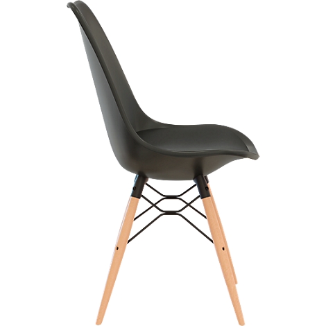 Black Eames-style chair with wooden legs and wire frame.