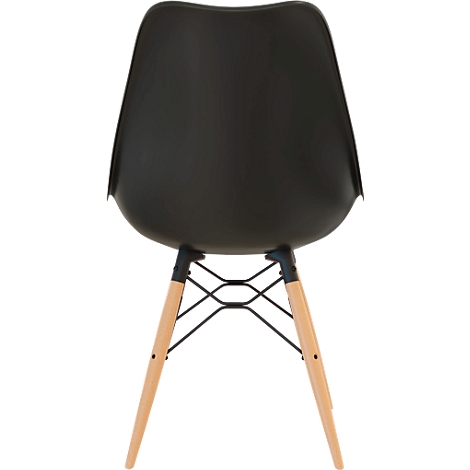 Black chair, viewed from behind. Wooden legs with black metal frame.