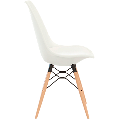 White chair with wooden legs and metal struts.