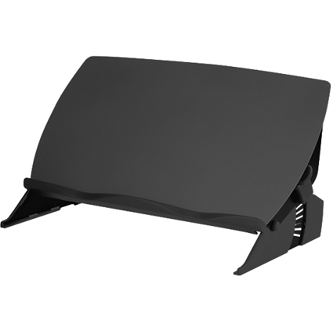 Schwarzer Laptop-Ständer, schräg gestellt. Das Produkt hat eine große Fläche und zwei Stützbeine.