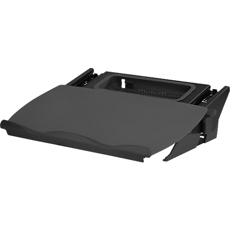 Schwarzer Tisch, halb ausgezogen, mit Ablagefläche und Halterungen.