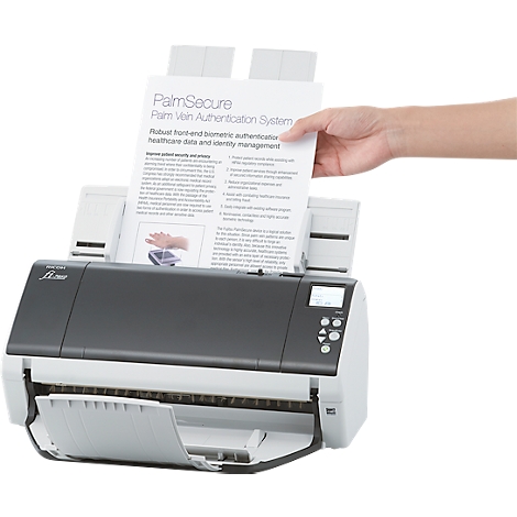 Ein Scanner scannt ein Dokument. Auf dem Dokument steht 'PalmSecure' und 'Palm Vein Authentication System'.