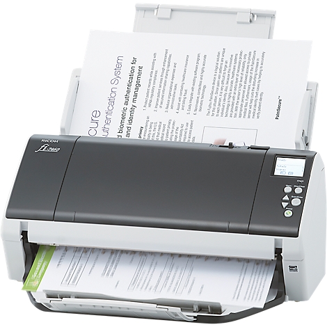 Ein offener Scanner mit einem Blatt Papier im Einzug. Auf dem Deckel steht: „Secure biometric authentication for identity management.“