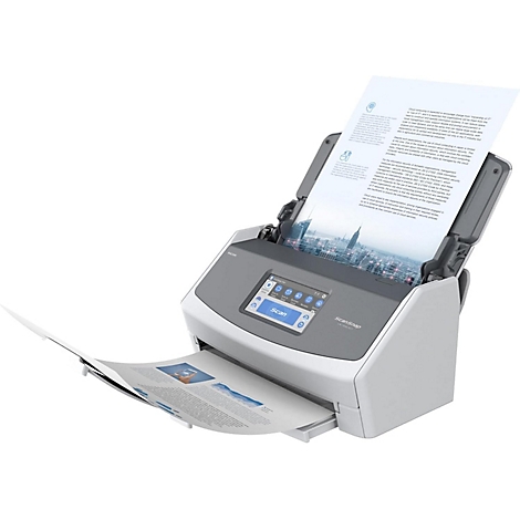 Ein grauer Scanner mit offenem Deckel, in dem sich ein Dokument mit Stadtbild befindet. Ein weiteres Dokument wird eingescannt.