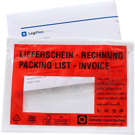 Dokumententasche mit rotem Aufdruck Lieferschein Rechnung vor einem LogiFlex Office Briefbogen.