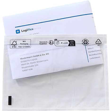 Ein weißer Versandtaschen-Umschlag mit LogiFlex Office Logo, der ein Dokument mit Adressdaten enthält.