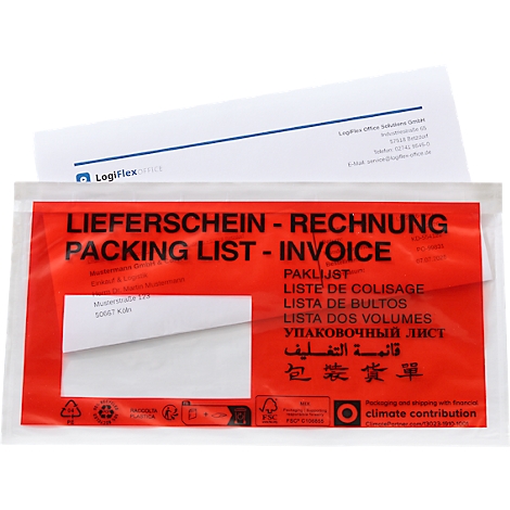 Transparente Dokumententasche mit rotem Aufdruck für Lieferscheine und Rechnungen.