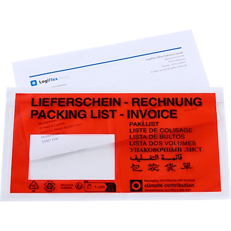 Lieferscheintasche mit mehrsprachigem Aufdruck, inklusive Firmenbriefpapier.