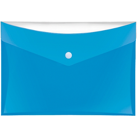 Blaue, transparente Dokumentenmappe mit weißem Knopfverschluss.