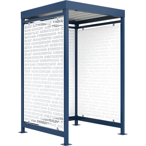 Blue bus shelter with transparent walls with the words "Smoking permitted" in different languages.
