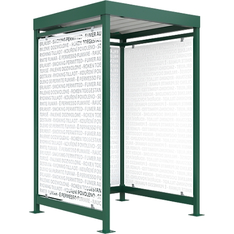 Green bus shelter with text in multiple languages on the glass panels, stating smoking is permitted.