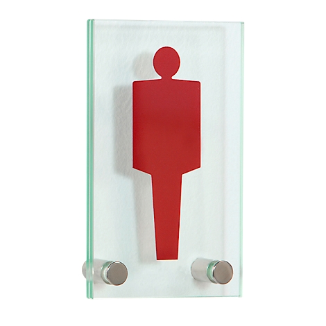 Red pictogram man toilet sign on glass plate, fixed to the wall.