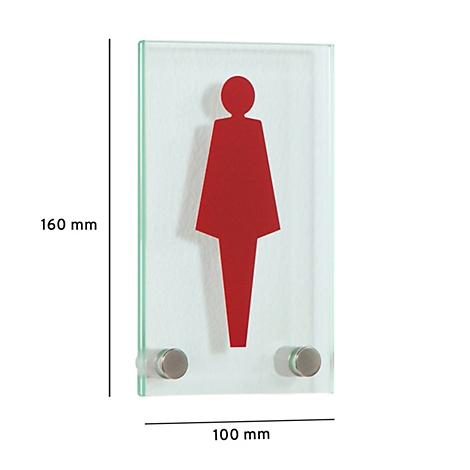 Glass women's toilet sign with red figure and brackets.