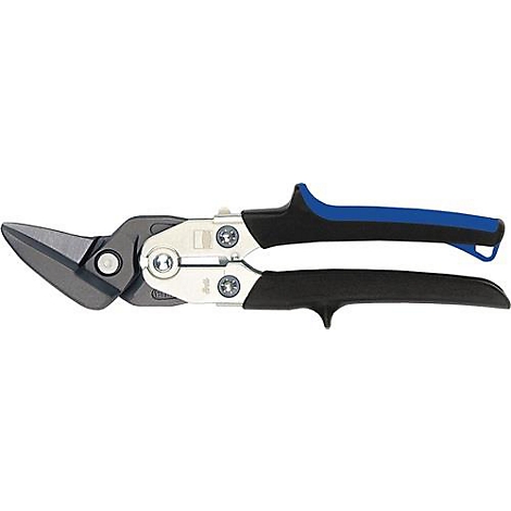 Metalen schaar met zwarte en blauwe handgrepen. De bladen zijn grijs, het gereedschap is gedetailleerd.