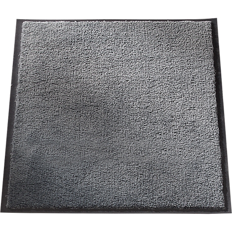 Grey, rectangular doormat with a black border. The surface is textured.