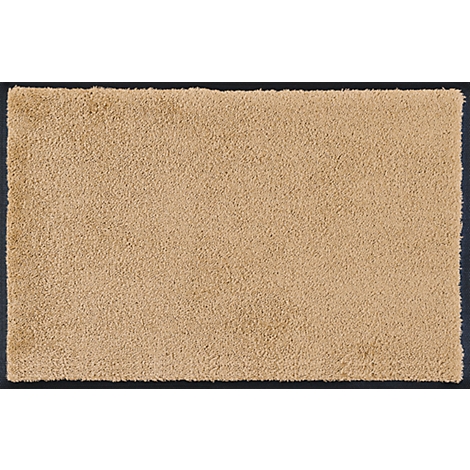 Rectangular, beige rug with black border.