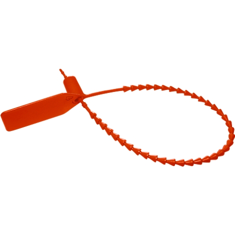 Oranje veiligheidszegel met label, ketting en sluiting.