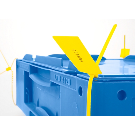 Close-up van een blauwe container met een gele tag met daarop 0016084. Nog een geel element rechtsboven.