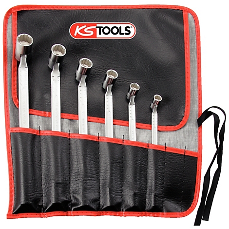Ein Satz Steckschlüssel in einer schwarzen Aufbewahrungstasche mit roter Umrandung. Oben befindet sich ein Logo von KS TOOLS.