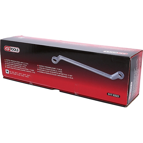 Eine Werkzeugkiste mit einem Doppelkopfschlüssel. Auf der Box stehen Produktinformationen.