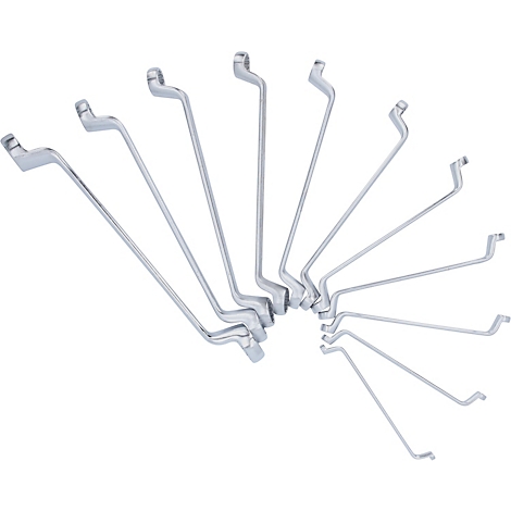 Eine Reihe von Winkelschlüsseln in verschiedenen Größen, auf weißem Hintergrund angeordnet.