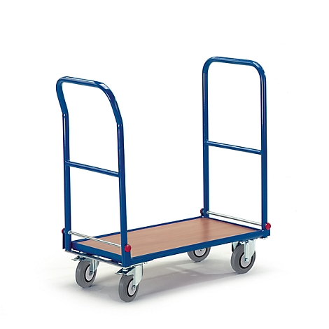 Blau lackierter Transportwagen mit brauner Ladefläche und vier grauen Rädern.