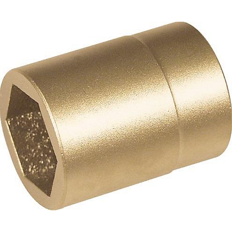 Een cilindrisch metalen onderdeel met een gouden look. Aan één uiteinde een zeshoekig gat.