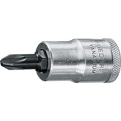 Close-up van een metalen schroevendraaierbit. 'GEDORE VANADIUM' is op de opzetstuk gegraveerd.