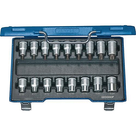Set metalen Torx sleutels in een blauwe plastic koffer.